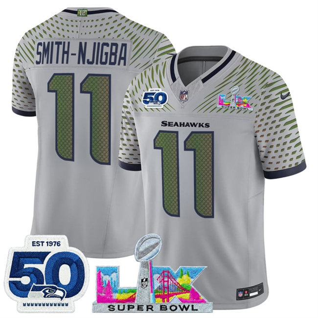 Women's Seattle Seahawks #11 Jaxon Smith-Njigba Grey 2025 F.U.S.E. Super Bowl LX Patch And 50th Season Patch “Rivalries” Vapor Limited Stitched Football Jersey(Run Small)